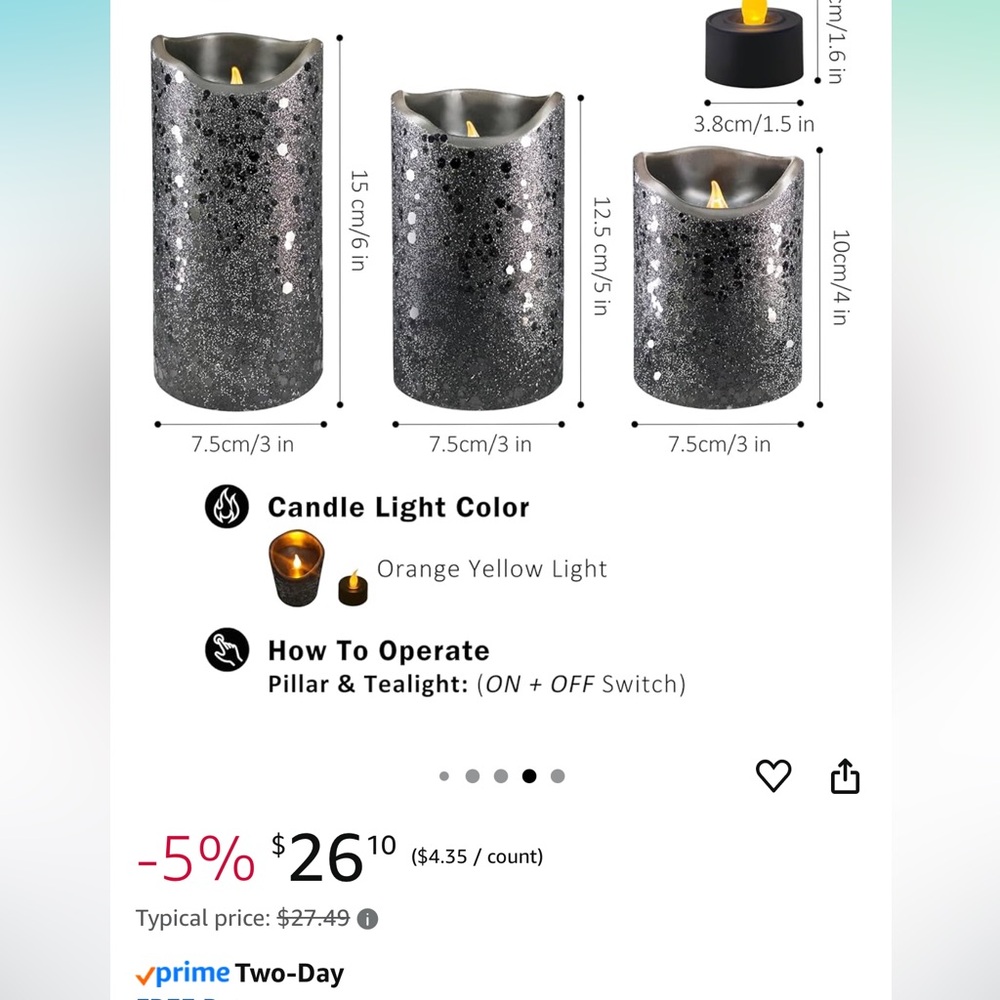 Set of Three Black Glitter Battery operated Candles - Picture 3 of 3